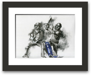 framed and mounted drawing of a batsman hitting a six in a t20 match by cricket artist