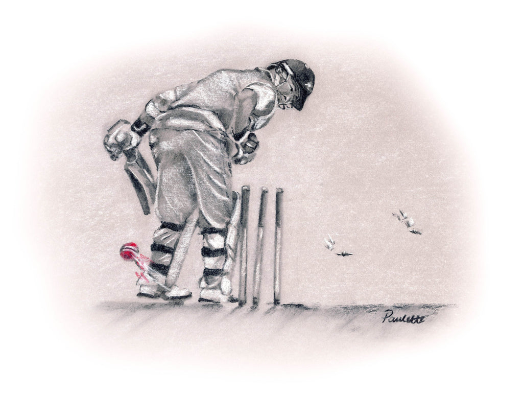 cricket batsman bowled charcoal print by cricket artist | ideal cricket gift