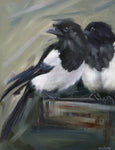 oil painting of two magpies
