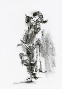 charcoal drawing artwork of Surrey cricket sam curran hitting a cover drive during england test match batsman cricket art