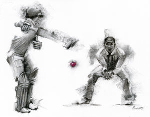 original drawing of a cricket batsman being caught behind