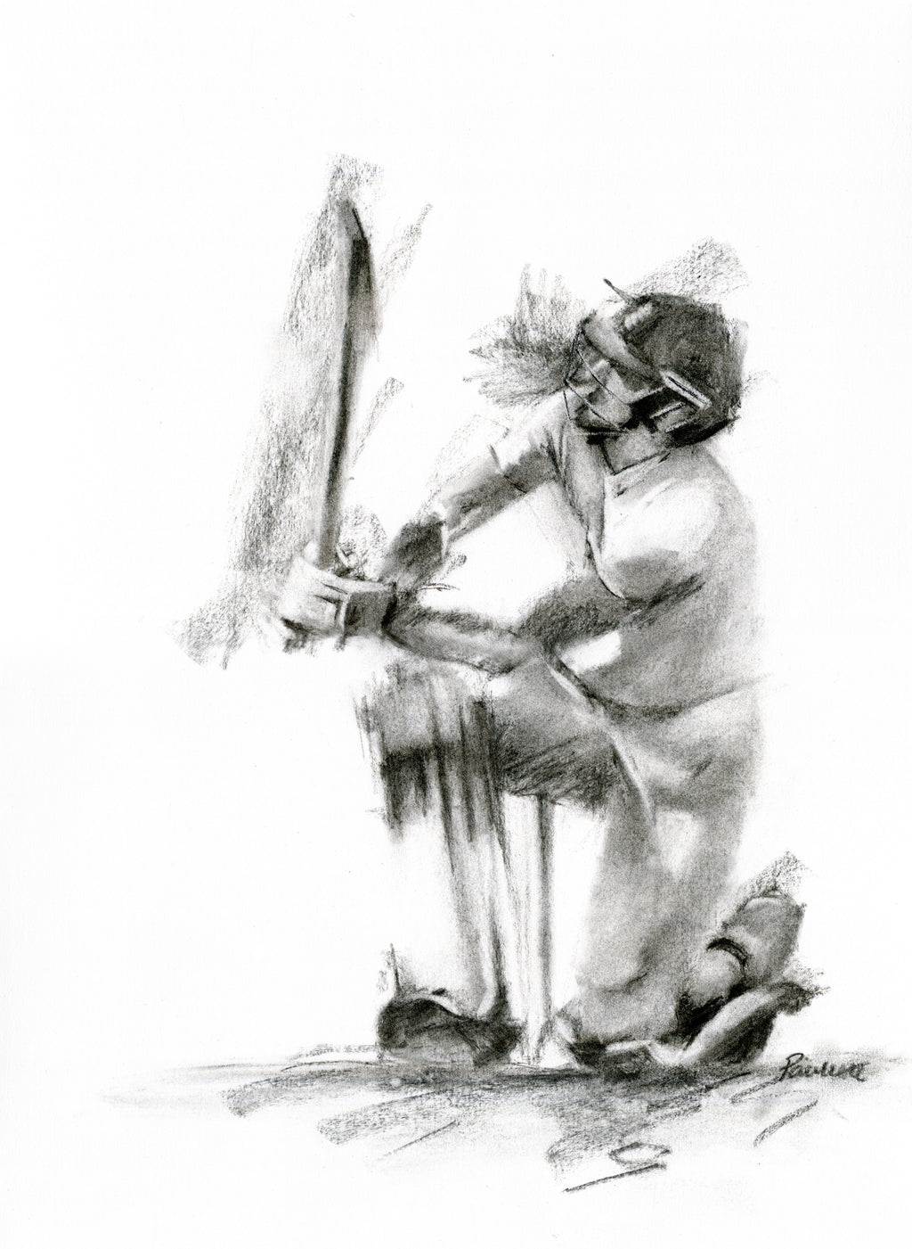 original charcoal drawing of ben stokes hitting a six with a reverse sweep