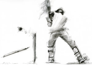 original charcoal cricket drawing of cricket batsman being bowled