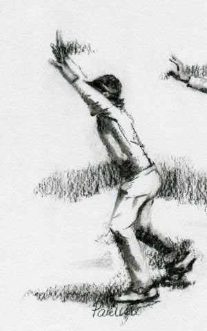 close up detail of an original cricket drawing in charcoal showing a cricketer in slips appealing for a wicket by cricket artist