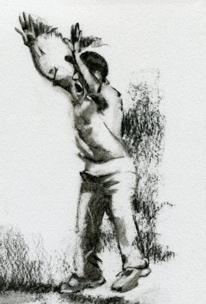 close up detail of an original cricket drawing in charcoal showing a cricketer in slips appealing for a wicket by cricket artist