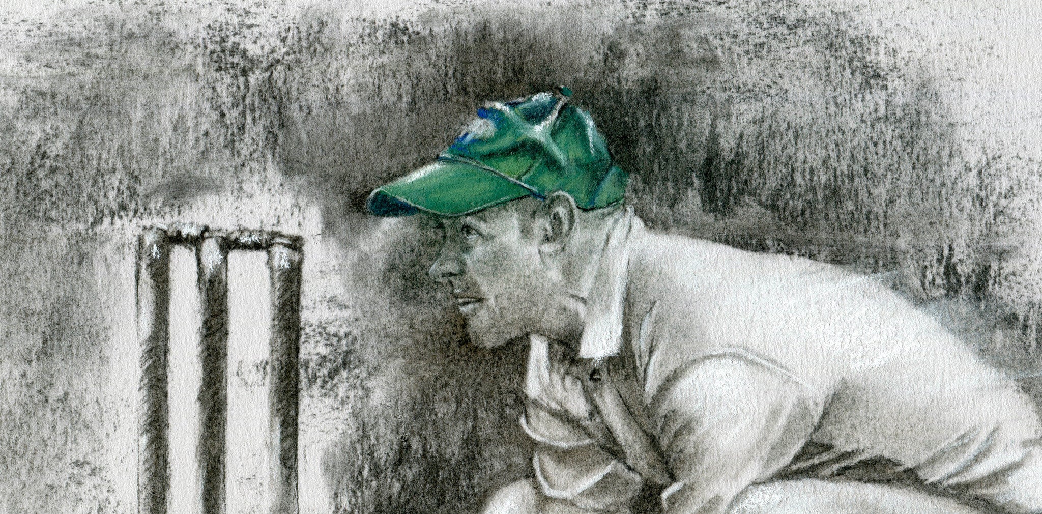 close up detail wicket keeper drawing standing up to the stumps drawn in charcoal with a green cap