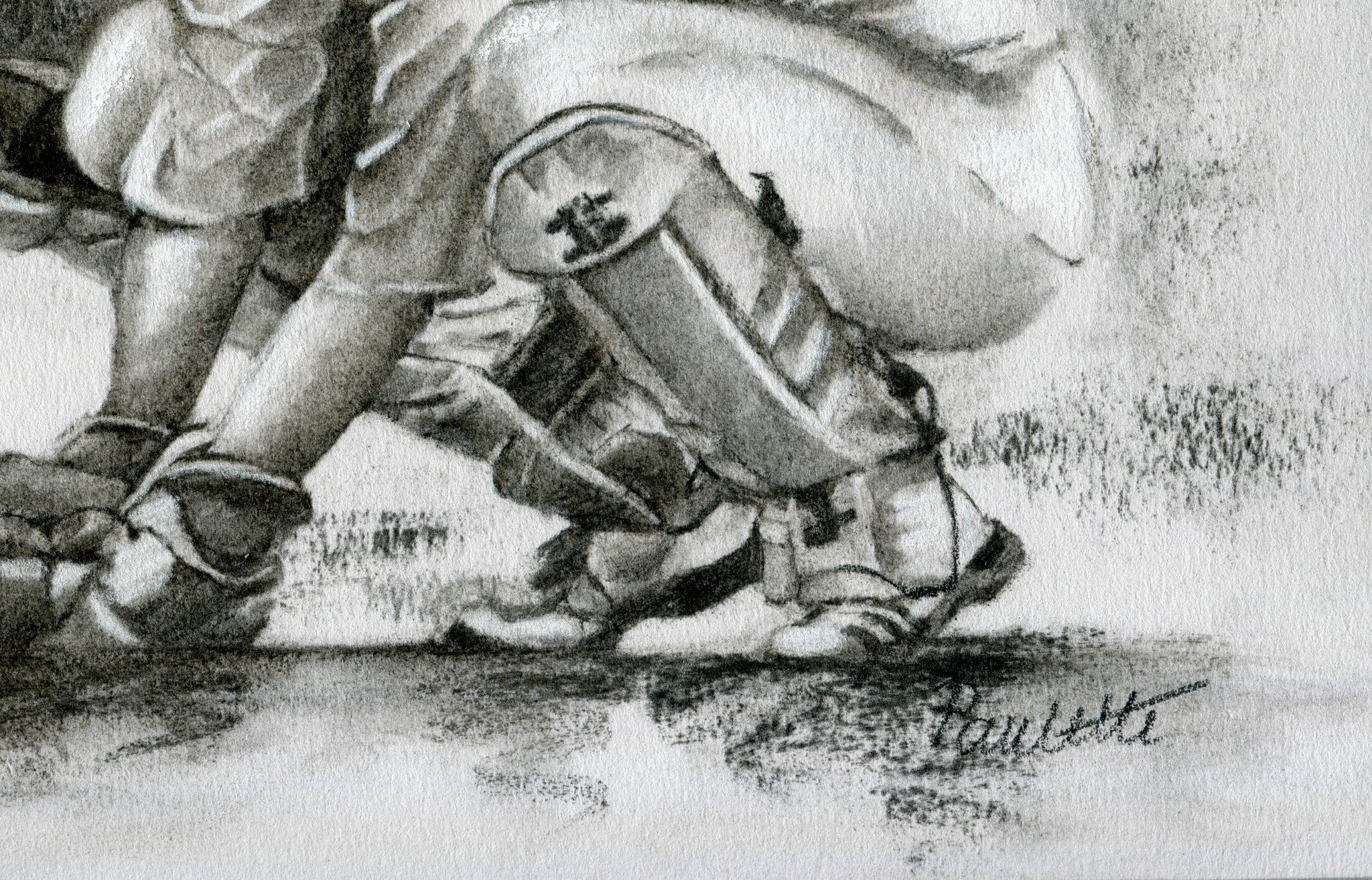close up wicket keeper drawing standing up to the stumps drawn in charcoal with a green cap