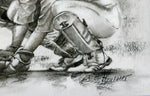 close up wicket keeper drawing standing up to the stumps drawn in charcoal with a green cap