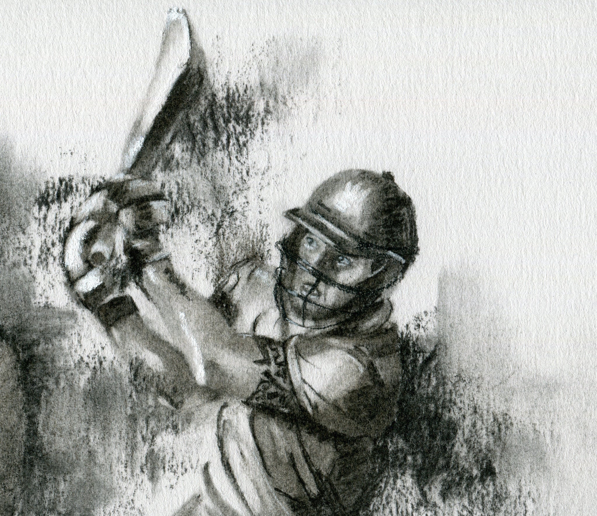 close up detail of batsman hitting a six in a t20 match drawn in charcoal by cricket artist
