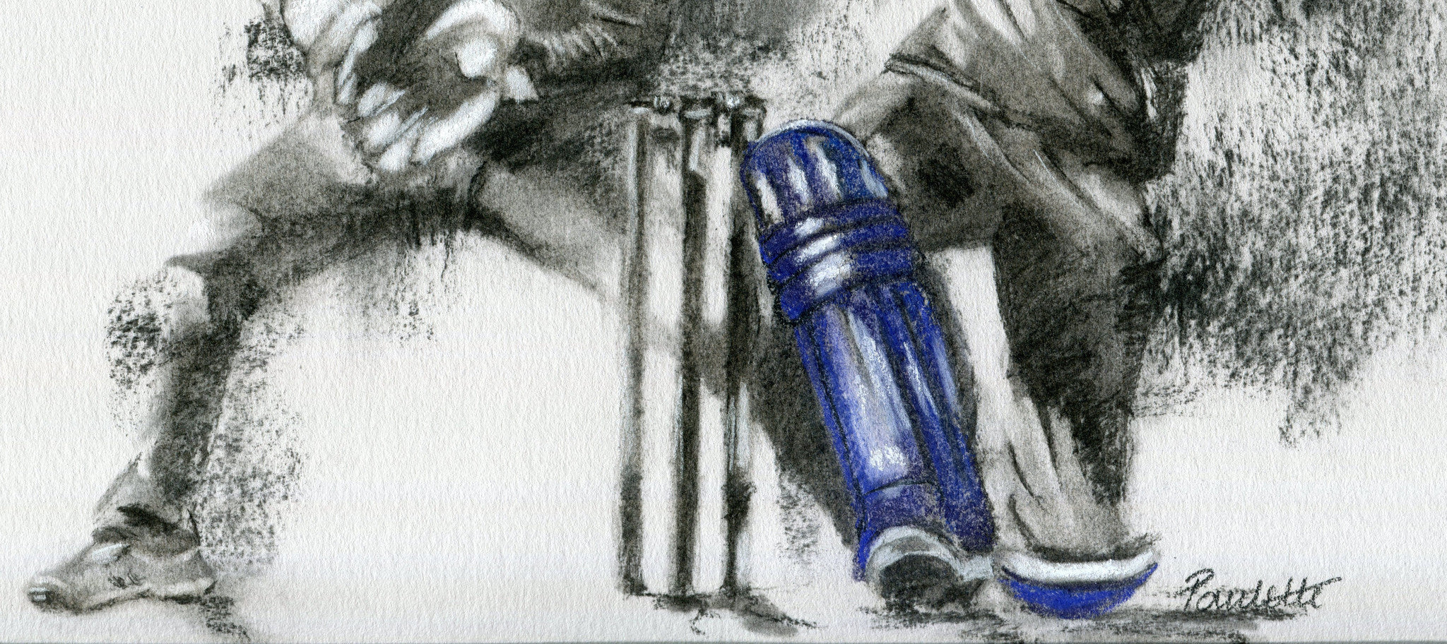 close up detail of a cricket drawing in charcoal by cricket artist showing batsman legs and pads in a t20 match