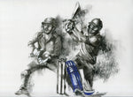 charcoal cricket drawing of a batsman hitting a six in t20 match with the wicket keeper behind