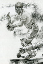 charcoal drawing of dane vilas being caught by James Taylor by cricket artist