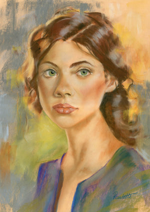 original pastel drawing of a lady glancing as she walks past