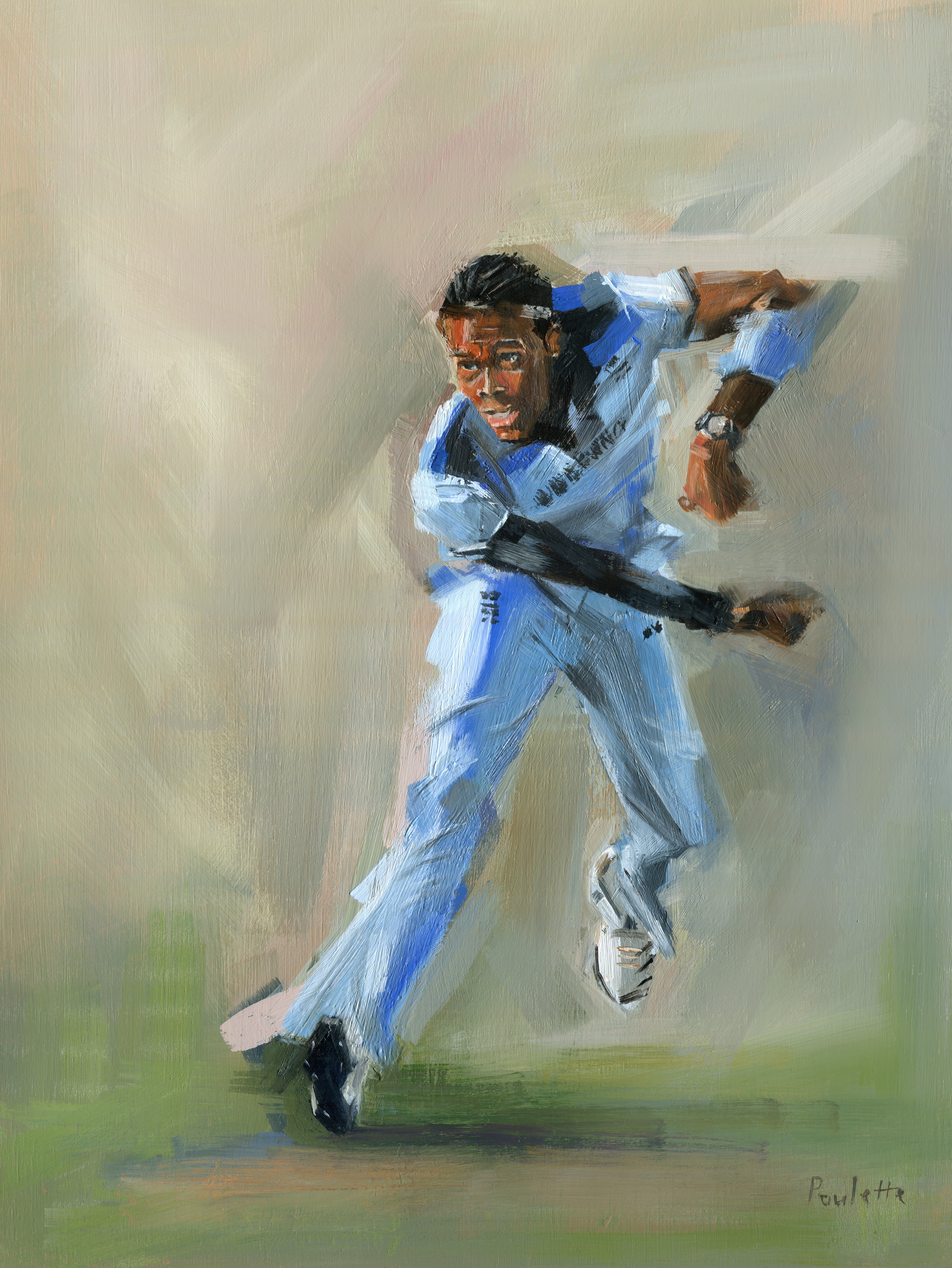 oil painting of jofra archer bowling in the world cup for england