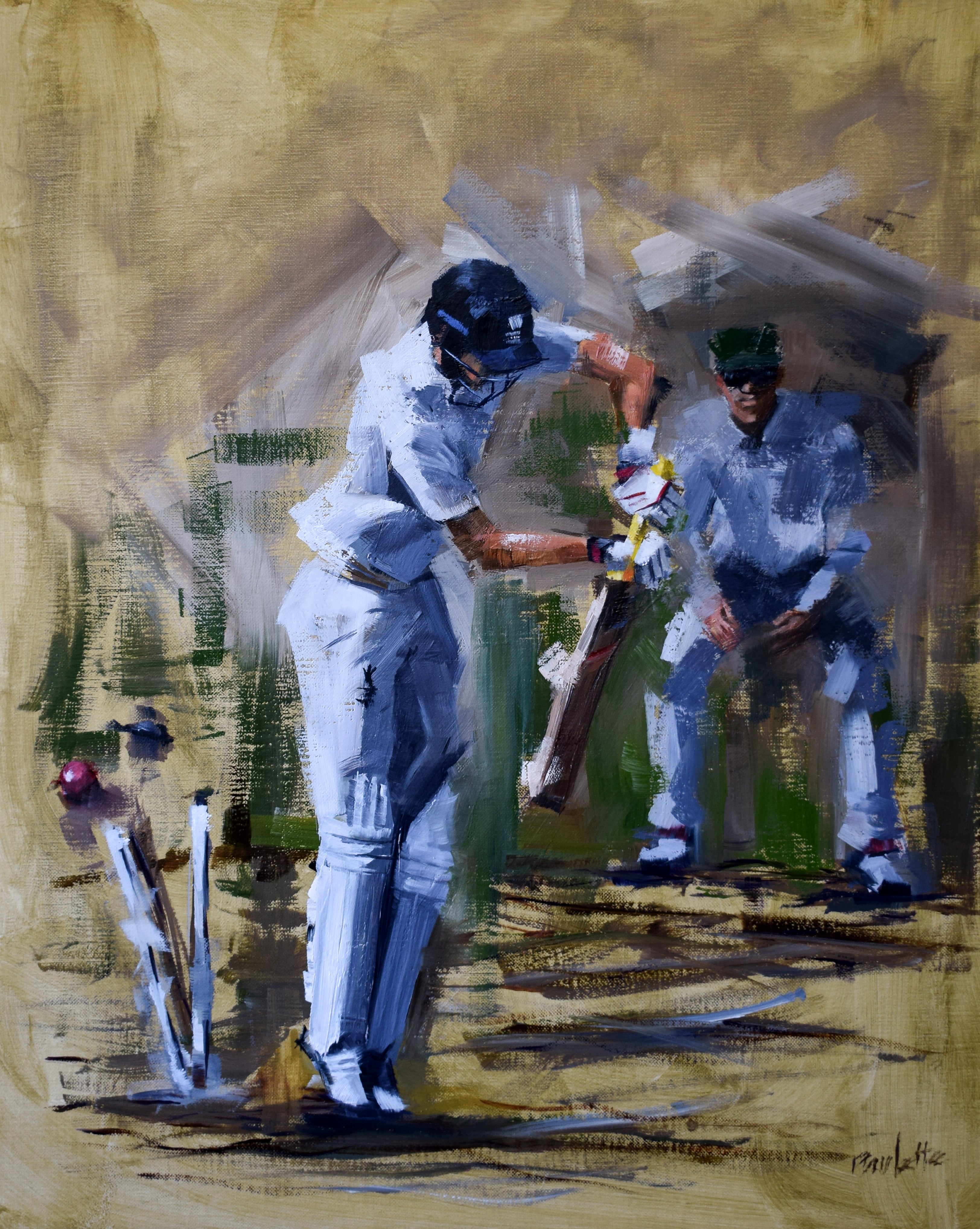oil painting of joe root being bowled in south africa cricket tour