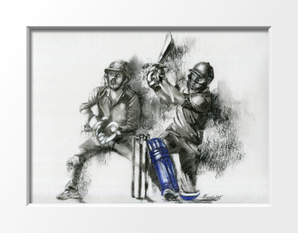 mounted cricket drawing of batsman hitting a six in a t20 match by cricket artist